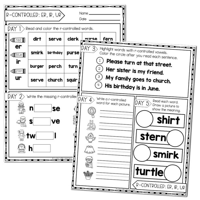 First grade phonics worksheet focusing on identifying words with er ir and ur vowel sounds in sentences