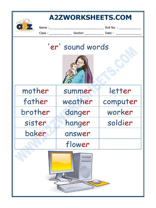 Fourth grade students practice identifying and writing words containing the er sound on a printable worksheet.