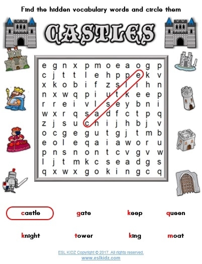 ALT text: Worksheet featuring vocabulary words to help a princess escape a castle.