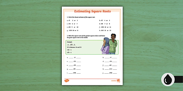 Estimate Square Roots Practice Exercise for Middle School Math Eighth grade student working through square root estimation problems on a math worksheet