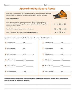 Estimate Square Roots Worksheet Number 23 for Eighth Grade Addition Practice Eighth grade math worksheet focusing on estimating square roots for number sense practice