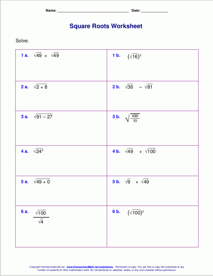 Estimating Square Roots Number Sense Activity for Grade 8 Eighth grade student working through square root estimation problems on a practice worksheet