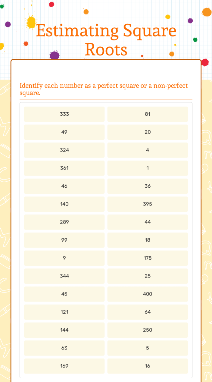 Estimate Square Roots Worksheet for Eighth Grade Number Sense Lesson 4 Eighth grade math students practicing number sense by estimating square roots on a worksheet