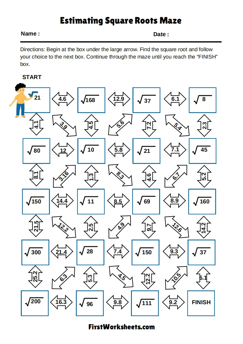 Estimate Square Roots Math Worksheet for Grade 8 Number Sense Practice Eighth grade student working through square root estimation problems on a practice worksheet
