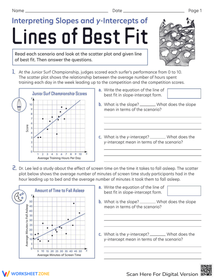 Eighth grade math worksheet with scatter plots where students draw and estimate lines of best fit to determine data associations
