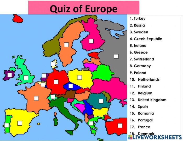 Worksheet featuring key facts about Europe's famous destinations for fourth graders Map of Europe highlighting major cities for educational purposes