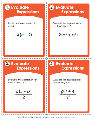 Sixth grade math worksheet for practicing how to evaluate algebraic expressions by substituting values and using order of operations