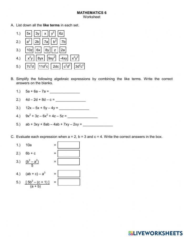 Worksheet featuring algebraic expressions for evaluation practice