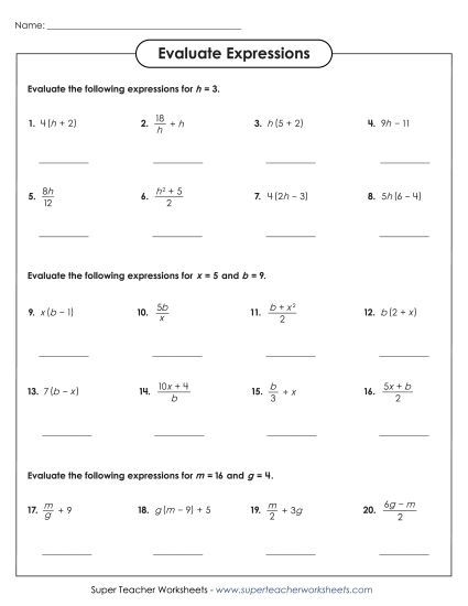 Worksheet for practicing the evaluation of algebraic expressions for sixth graders
