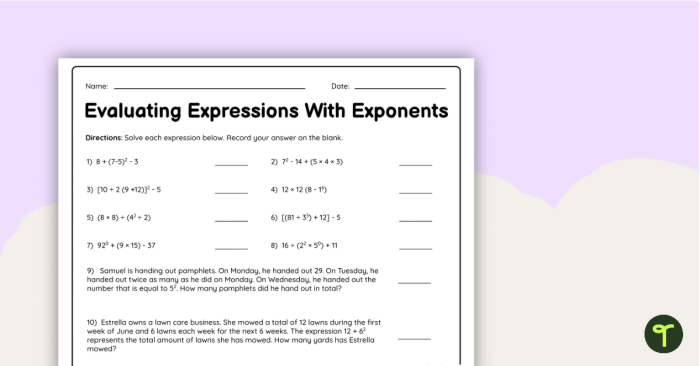 Sixth grade math worksheet featuring problems for students to practice evaluating exponents in physical science