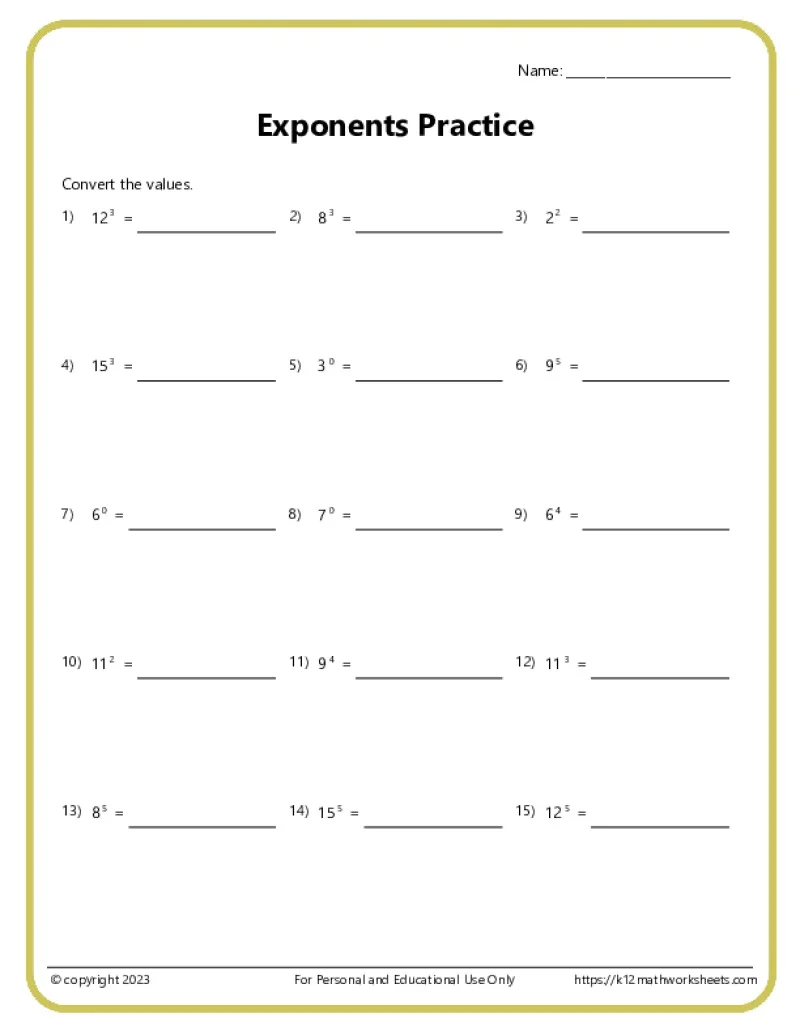 Sixth grade math worksheet featuring a variety of problems for evaluating exponents in physical science