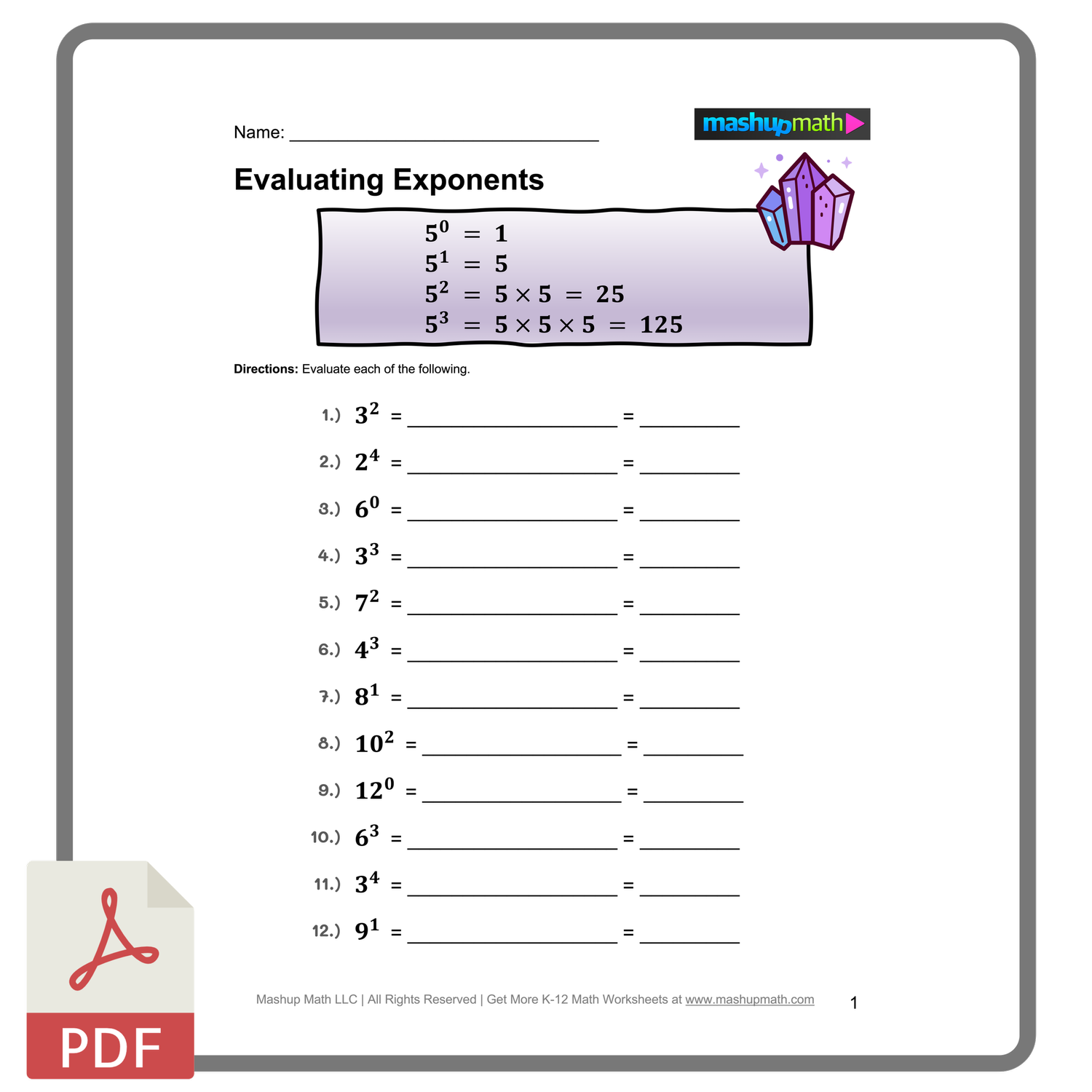 Sixth grade math worksheet for students to practice evaluating exponents in physical science