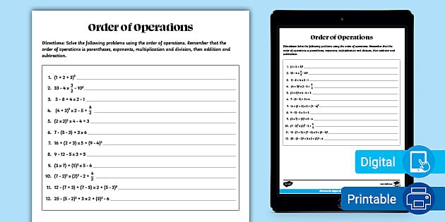 Worksheet for sixth graders focusing on evaluating expressions using order of operations with exponents