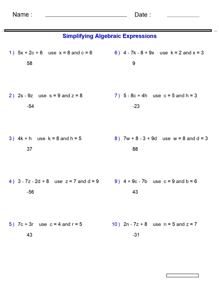 Sixth grade math worksheet featuring practice problems for evaluating expressions using variables through mixed operations