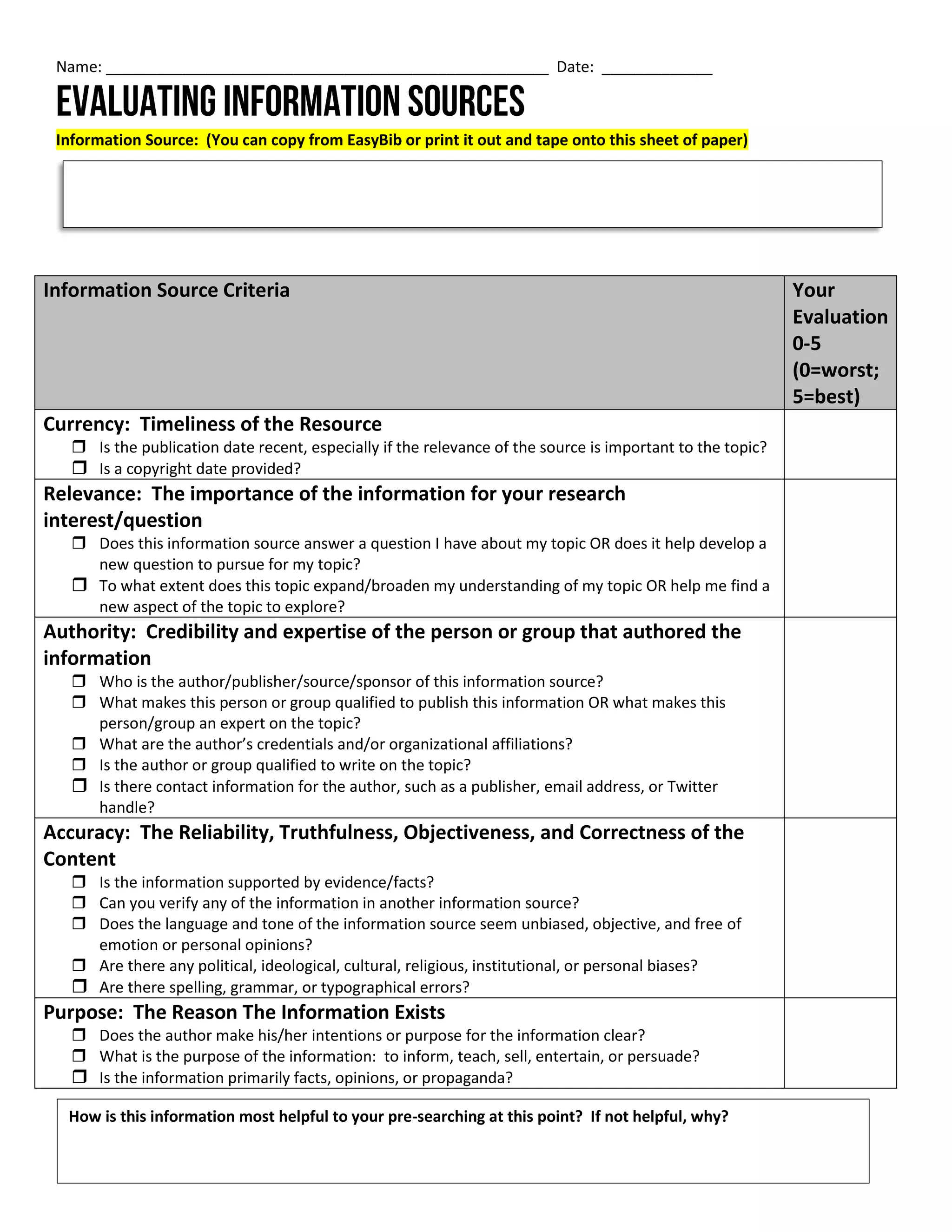 Evaluating Sources Checklist worksheet for sixth grade history students nine Sixth grade history worksheet titled Evaluating Sources Checklist for assessing credibility and bias