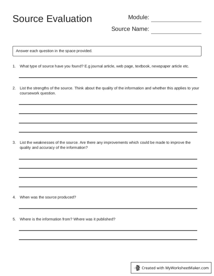 Evaluating Sources Checklist worksheet for assessing relevance and reliability of historical materials Sixth grade students using a checklist to evaluate sources for accuracy and bias in history research
