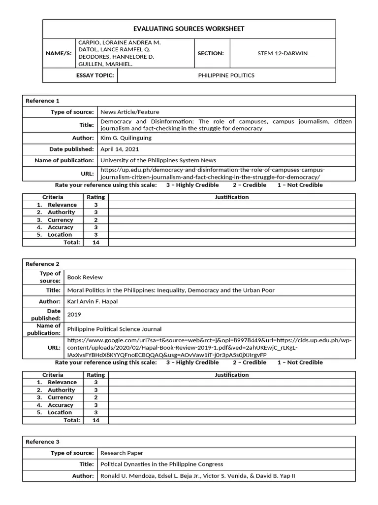 Evaluating Sources Checklist worksheet for middle school history students A sixth grade student worksheet displaying a checklist for evaluating historical sources with criteria for assessing relevance, accuracy, bias, and reliability