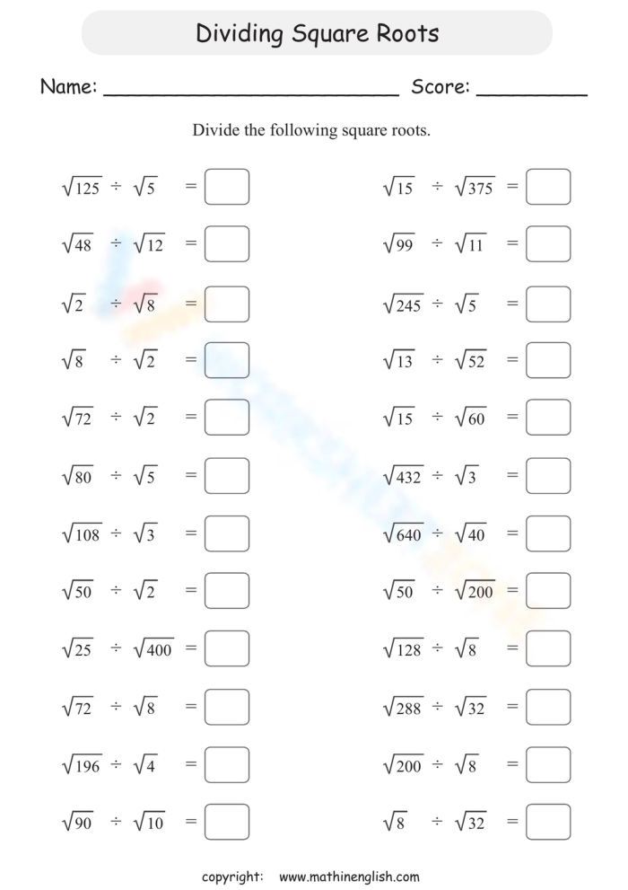 Finding Square Roots of Perfect Squares Practice Activity 15 Eighth grade student solving square root problems on a math practice worksheet