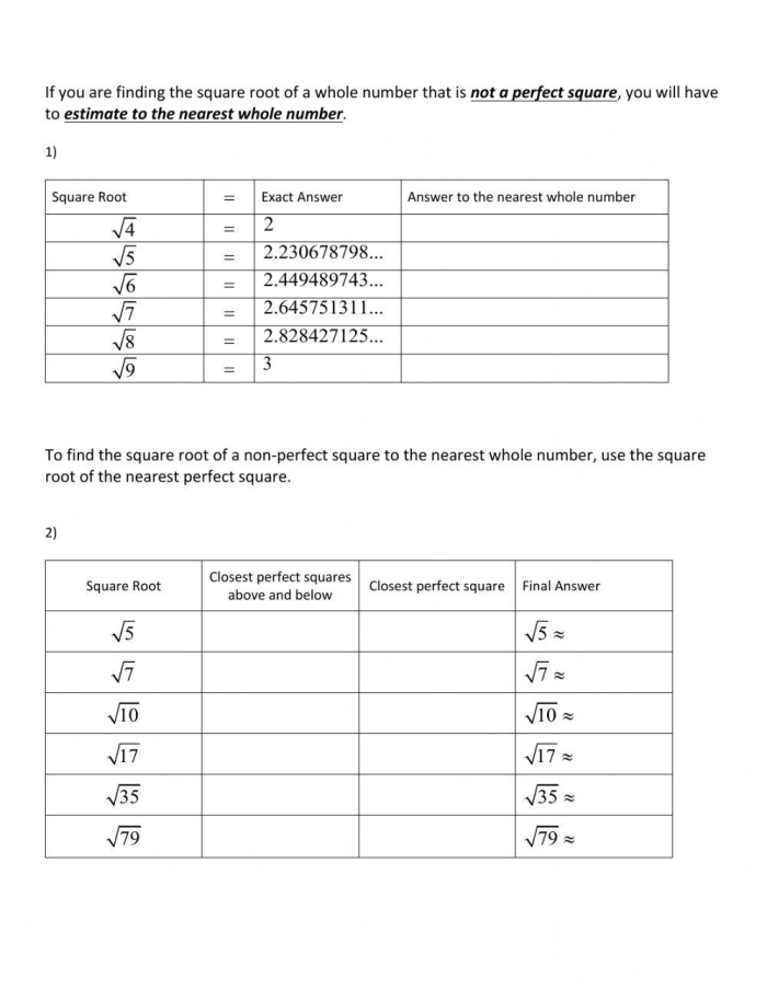 Evaluating Square Roots Worksheet Number 24 for Eighth Grade Students Eighth grade math student solving perfect square problems on an evaluating square roots worksheet
