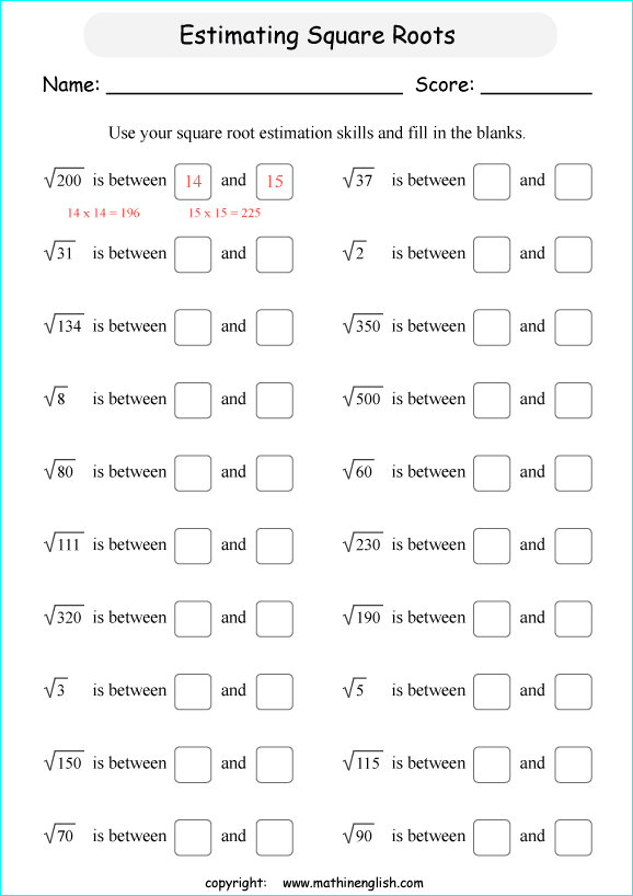 Evaluating Square Roots Practice Worksheet for 8th Grade Math 25 Eighth grade math worksheet focusing on evaluating square roots of perfect squares