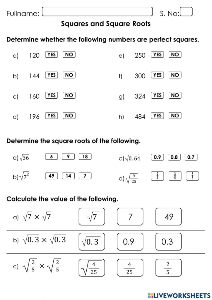 Evaluating Square Roots Practice Activity for Middle School Math Eighth grade student solving square root problems on a math worksheet with perfect squares