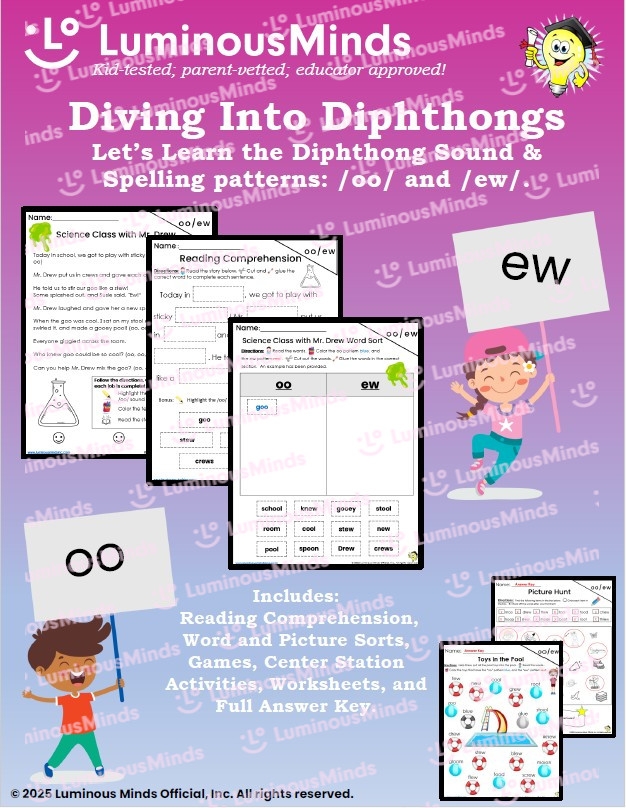 Worksheet for practicing "ew" vowel diphthongs in second grade reading