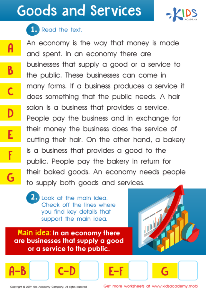 Fun economics introduction for children featuring goods vs. services activities Examples of Goods and Services worksheet for second graders focusing on subtraction concepts