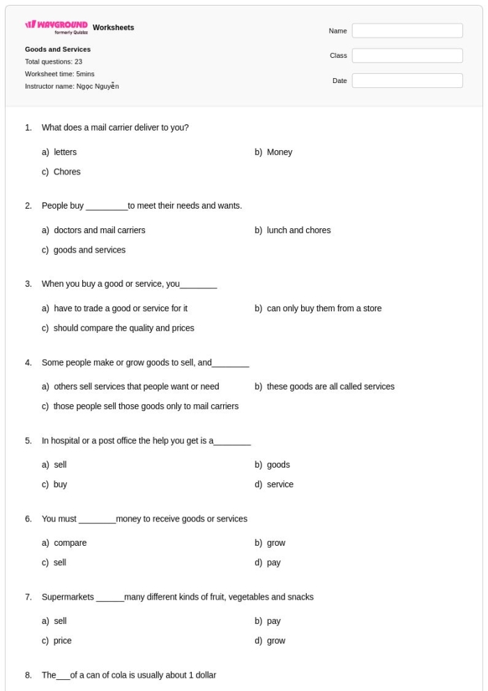 Engaging economics activity sheet for children to explore goods and services Examples of Goods and Services worksheet for second graders focusing on subtraction concepts