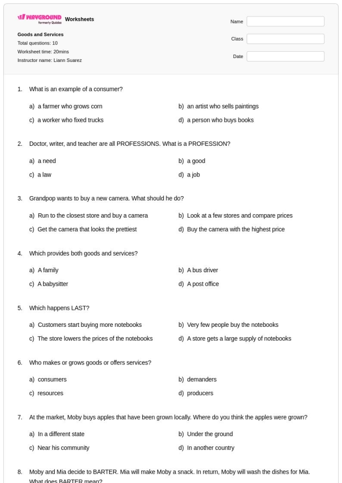 Engaging worksheet teaching kids the difference between goods and services Examples of Goods and Services worksheet for second graders focusing on subtraction concepts