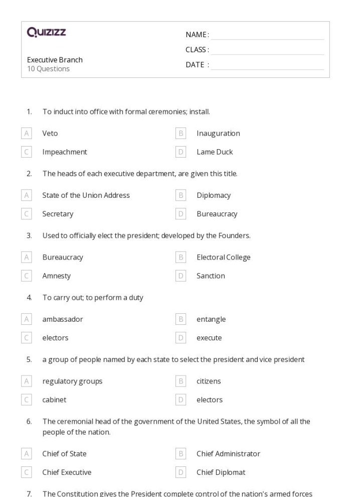 Executive Branch Graphic Organizer Worksheet for 6th Grade Social Studies Sixth grade social studies worksheet covering the roles and responsibilities of the executive branch