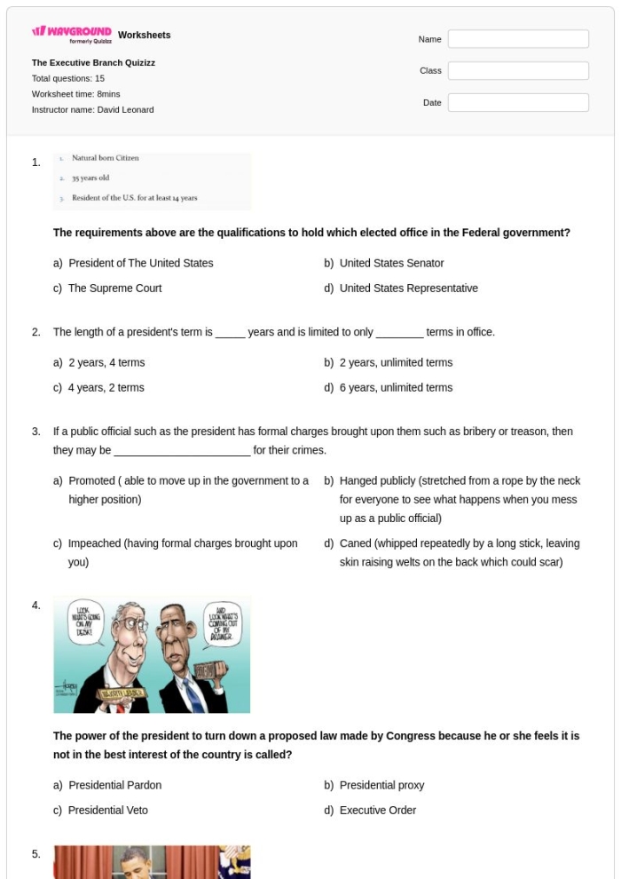 Sixth grade students learning about United States executive departments in a civics worksheet