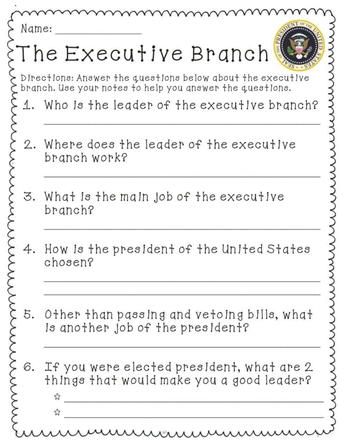 Sixth grade students studying executive department functions and government roles on a civics worksheet