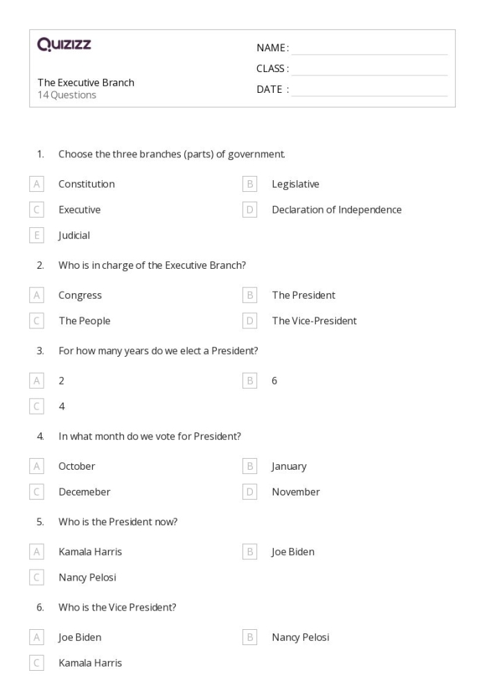 Sixth grade civics worksheet showing illustrations of the executive departments and their government roles and responsibilities