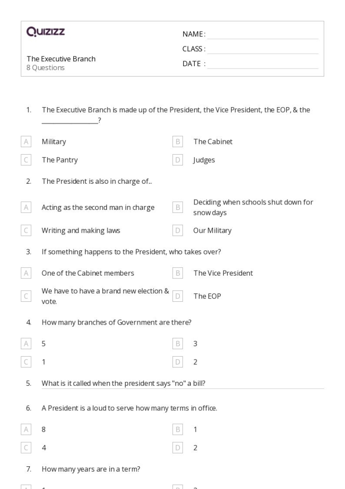 Worksheet for exploring the role of the executive branch in social studies Graphic organizer for understanding the executive branch of the federal government for sixth graders