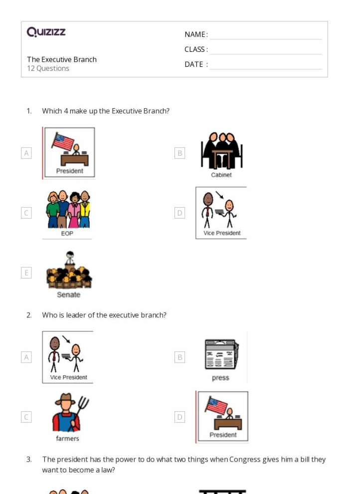 Executive Branch Graphic Organizer Worksheet for Sixth Grade Social Studies 12 Sixth grade students completing a graphic organizer about the powers and responsibilities of the executive branch