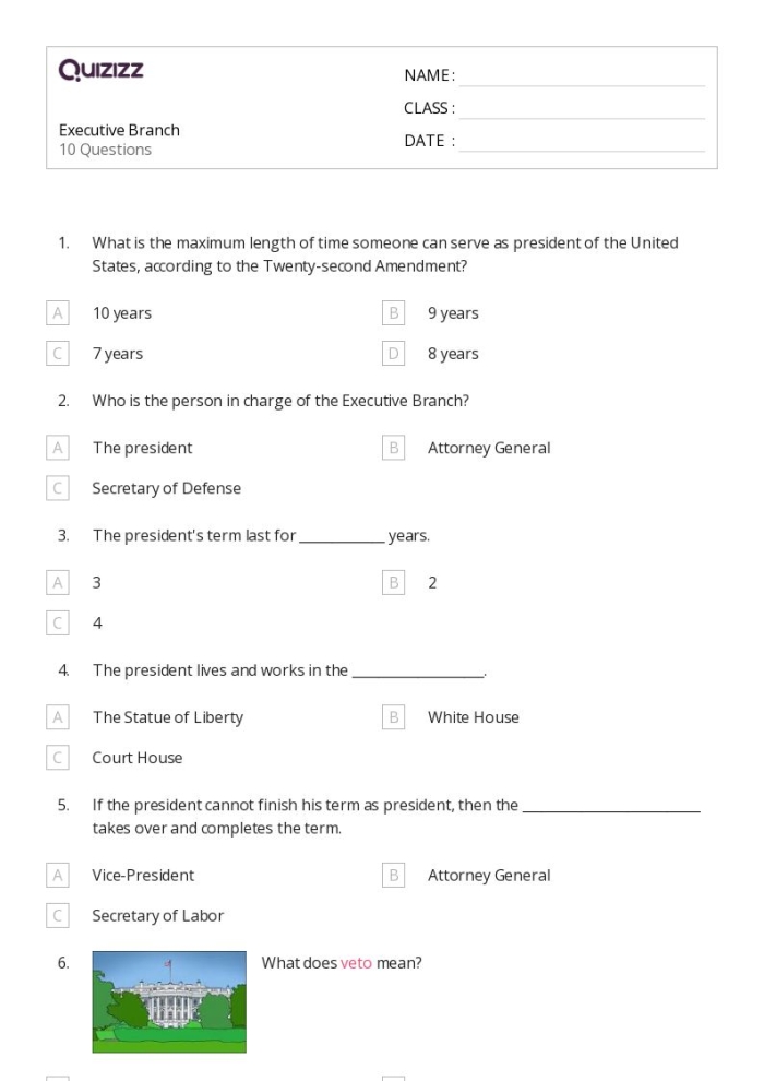 Reading worksheet for Sixth Grade Executive Branch worksheet for sixth grade social studies, featuring a graphic organizer for research. Visual aid for understanding the federal government's executive branch roles and responsibilities.