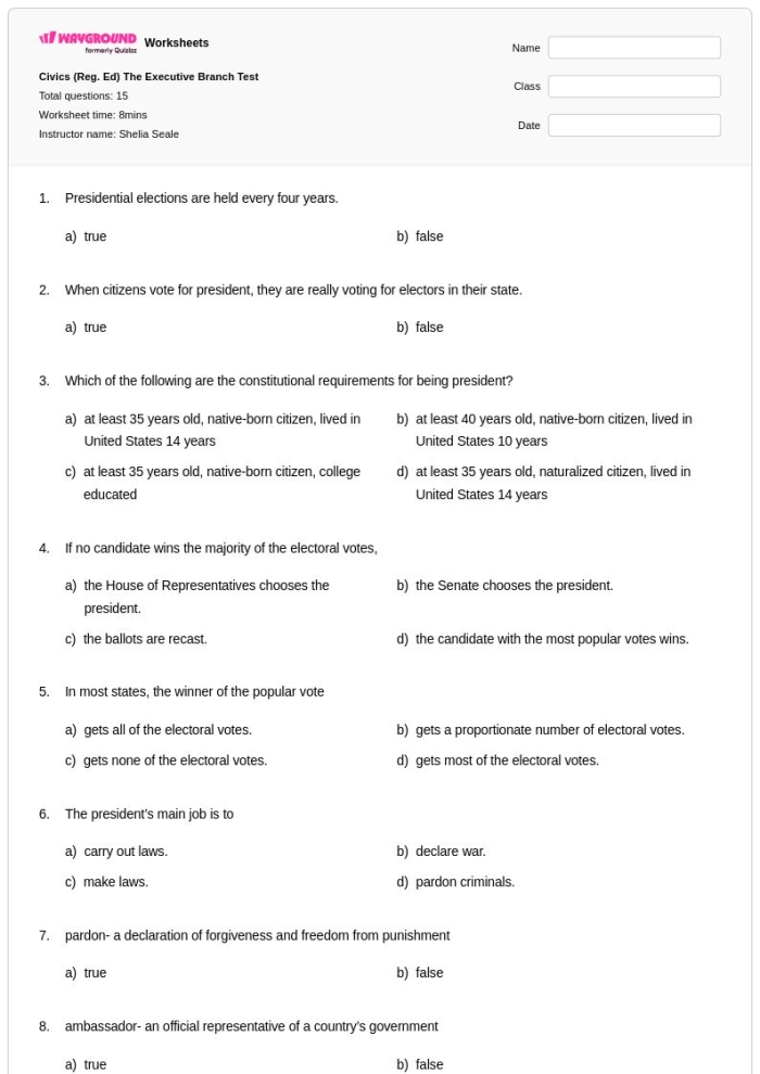 Sixth grade civics worksheet showing illustrations and descriptions of the executive departments of the United States government