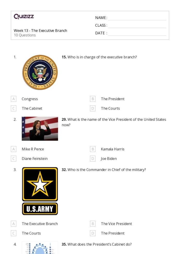 Sixth grade civics worksheet showing executive departments of the US government with learning activities and illustrations
