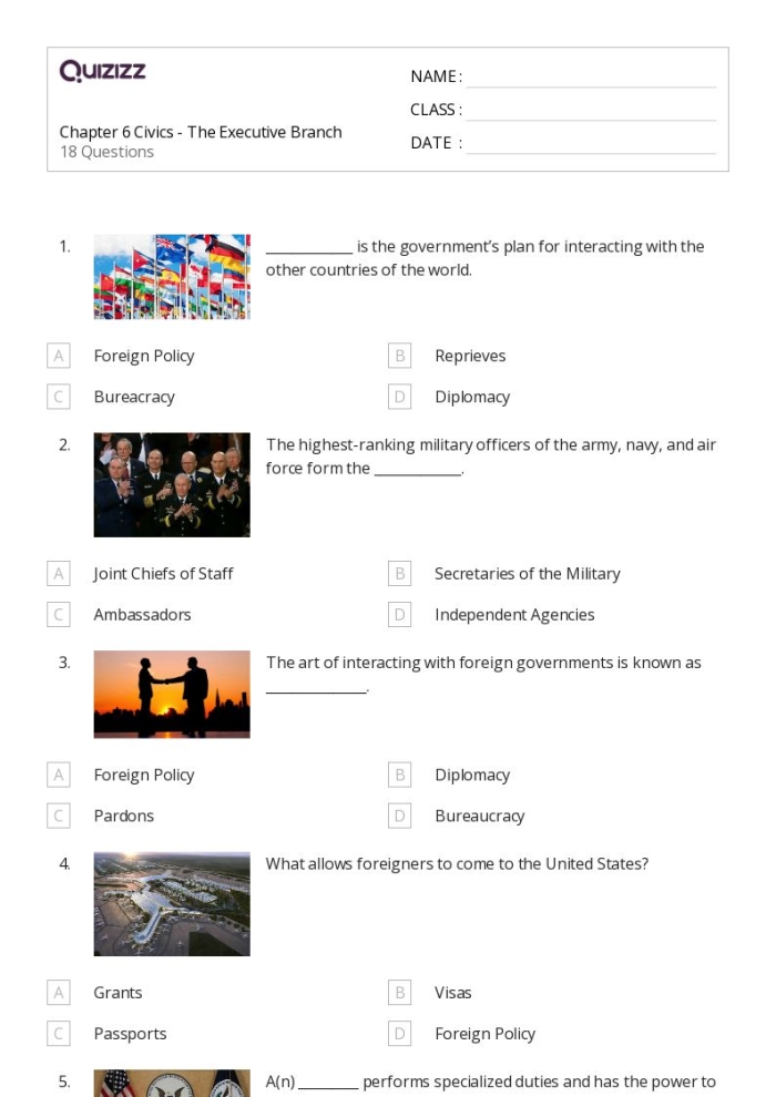 Sixth grade worksheet featuring a detailed lesson on the roles of U.S. executive branch departments