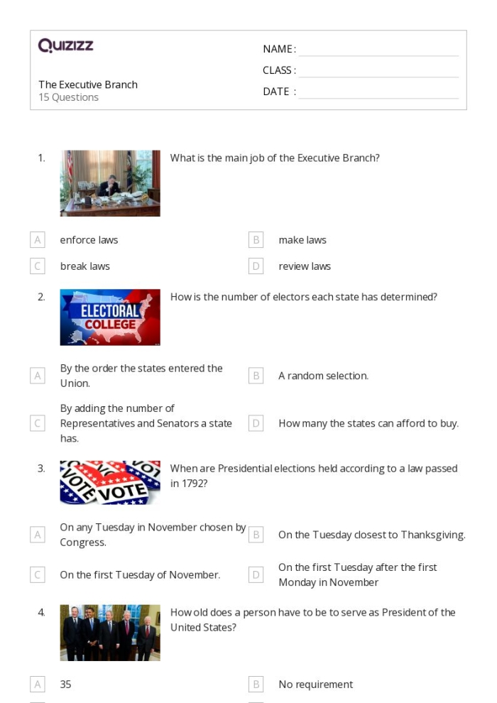 Sixth grade civics worksheet showing diagrams of the executive departments and their governmental functions