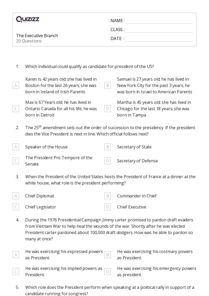 Sixth grade civics worksheet showing illustrations of the executive departments and their governmental functions