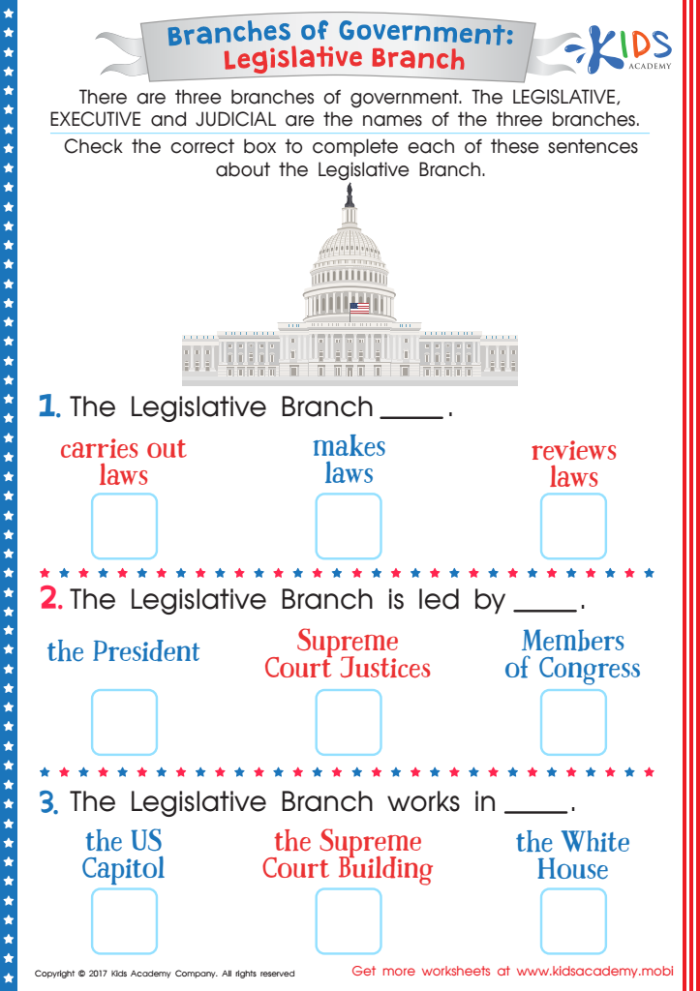 Sixth grade civics worksheet showing illustrations and descriptions of United States executive departments and their governmental functions