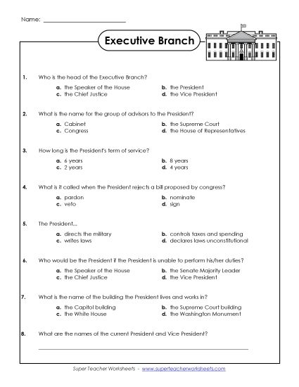 Sixth grade students learning about U.S. government executive departments on a civics worksheet
