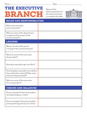 Students studying the executive departments of the U.S. government with labeled diagrams and explanatory text on a civics worksheet for sixth grade
