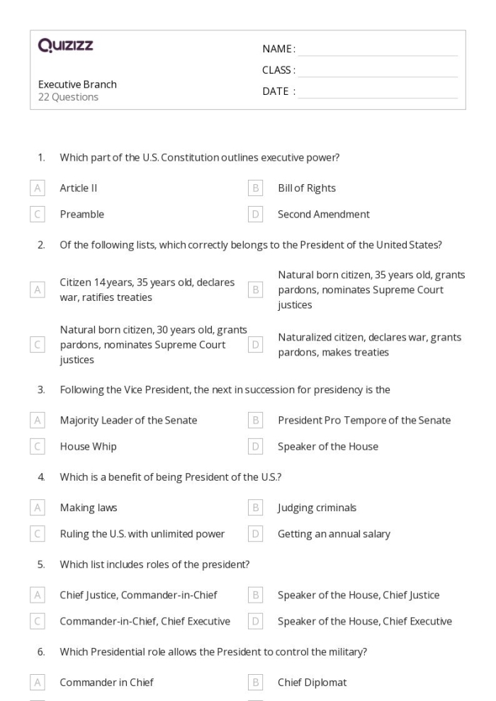 Sixth grade civics worksheet focusing on the roles and responsibilities of the eleven executive departments