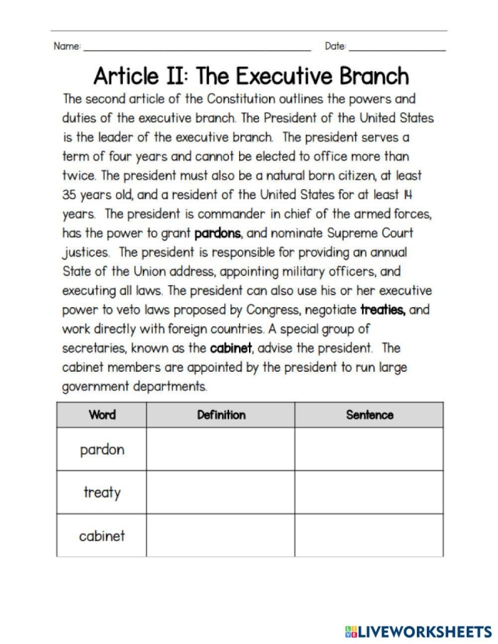 Sixth grade social studies worksheet covering the roles and functions of the ten US executive departments