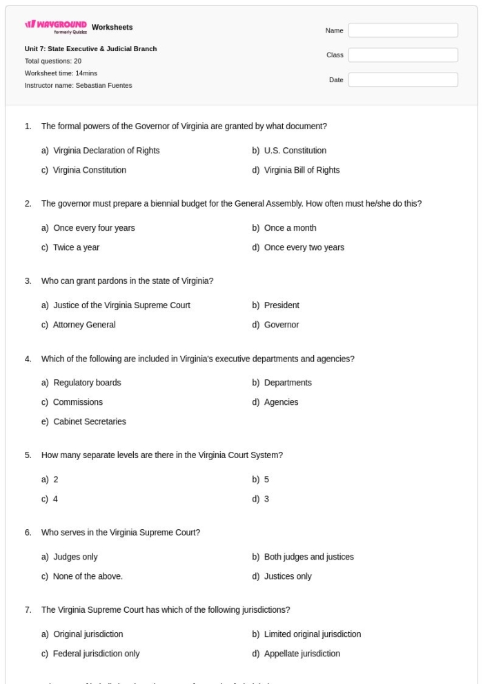 Sixth grade civics worksheet showing the executive departments and their government functions