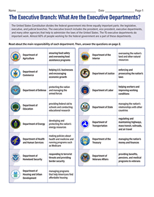 Sixth grade students identify the roles and functions of United States executive departments in this civics worksheet