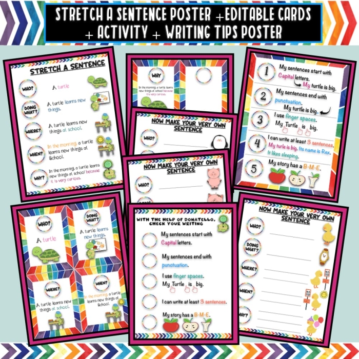 Worksheet for stretching sentences with detailed writing prompts for second graders
