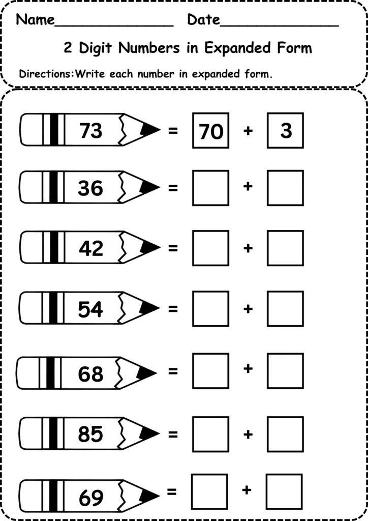 Expanded form worksheet for first graders focusing on double digits and place value concepts